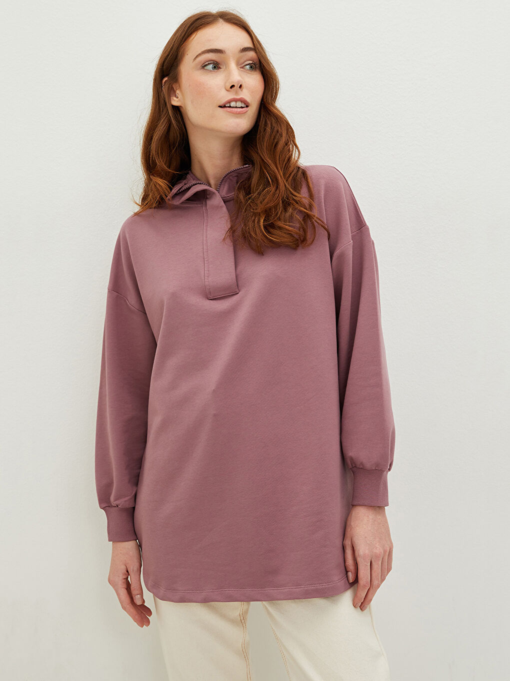 Mürdüm Kapüşon Yaka Düz Uzun Kollu Kadın Sweatshirt Tunik-1