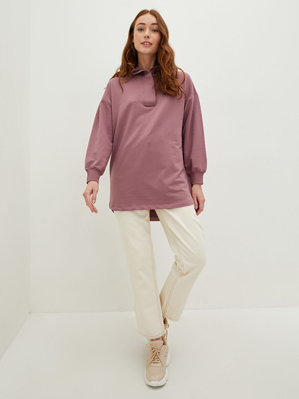 Mürdüm Kapüşon Yaka Düz Uzun Kollu Kadın Sweatshirt Tunik-2