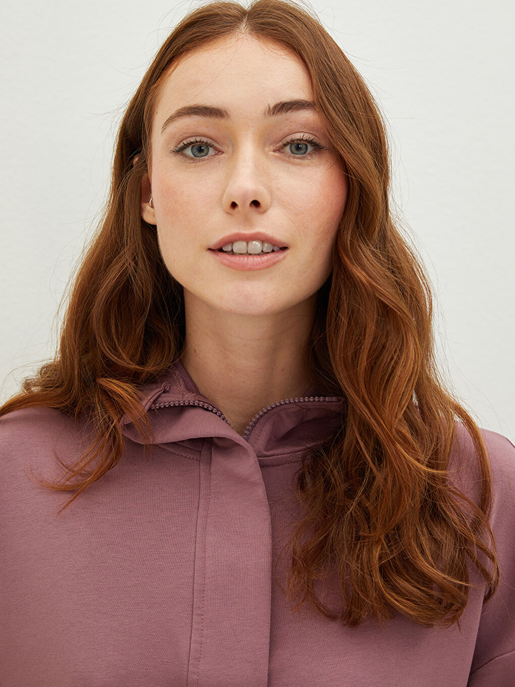 Mürdüm Kapüşon Yaka Düz Uzun Kollu Kadın Sweatshirt Tunik-3