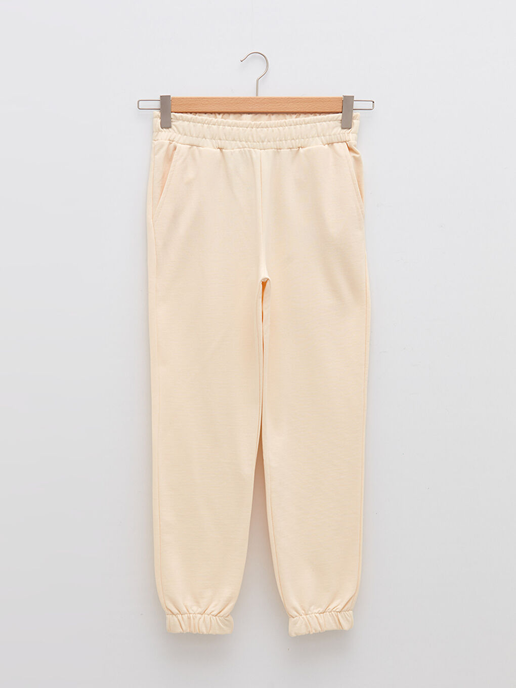 Bej Beli Lastikli Düz Cep Detaylı Kadın Jogger Eşofman Altı-4