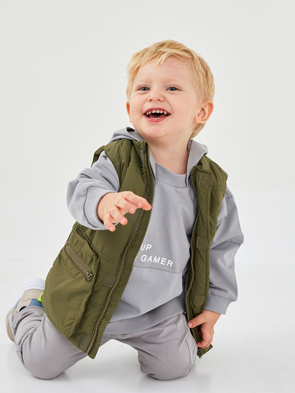 Haki Dik Yaka Basic Erkek Bebek Yelek-1