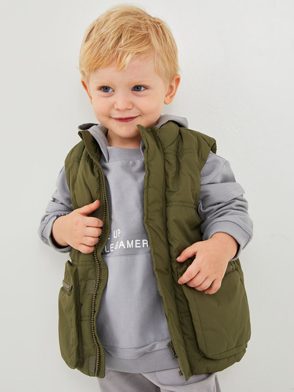 Haki Dik Yaka Basic Erkek Bebek Yelek-2