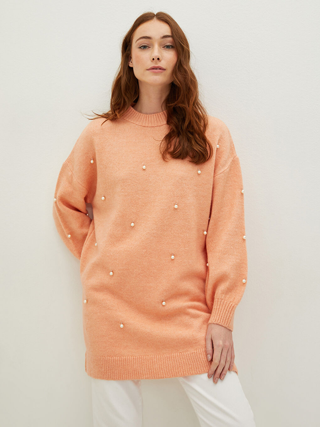 Pembe Bisiklet Yaka İnci Detaylı Uzun Kollu Kadın Triko Tunik