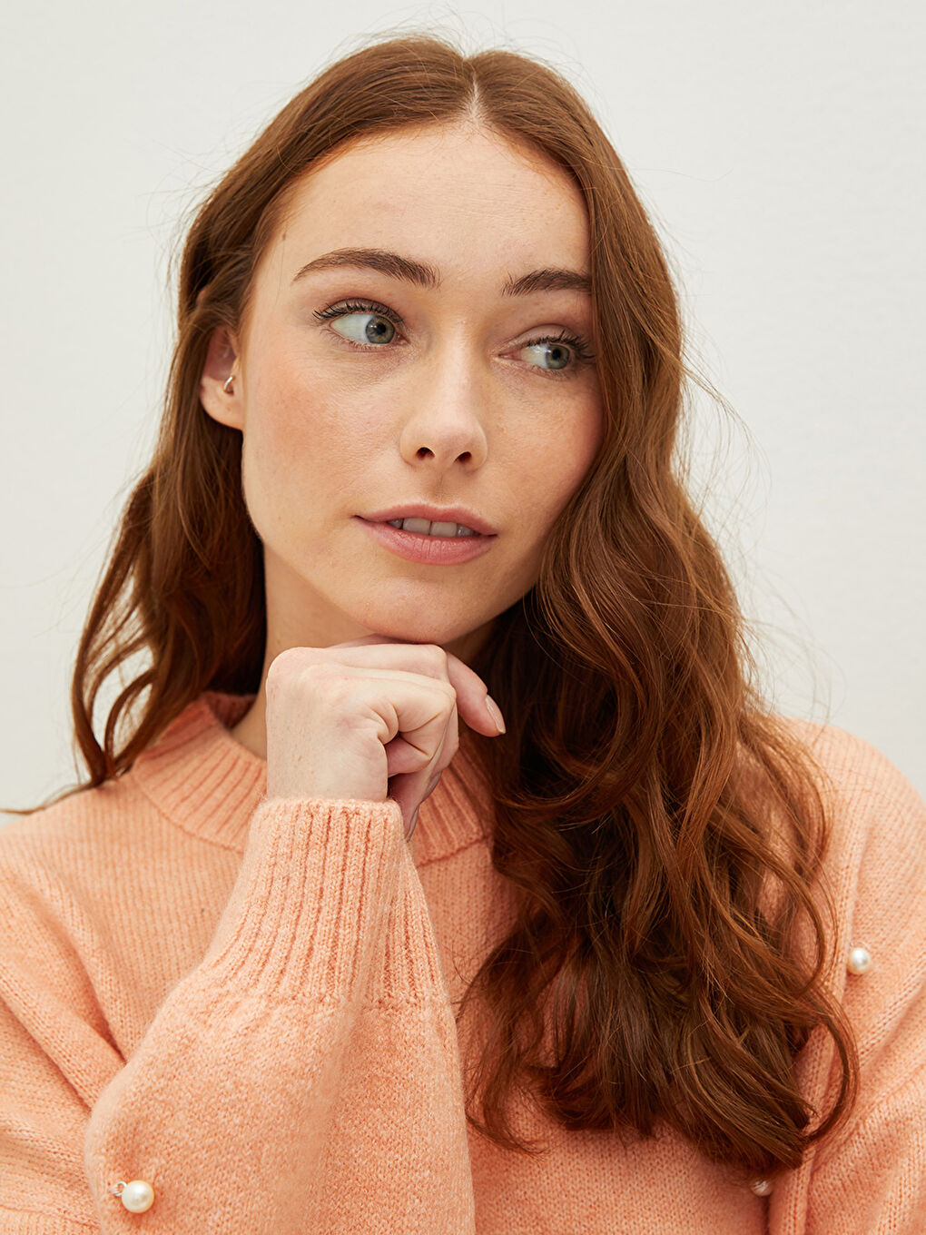 Pembe Bisiklet Yaka İnci Detaylı Uzun Kollu Kadın Triko Tunik-1