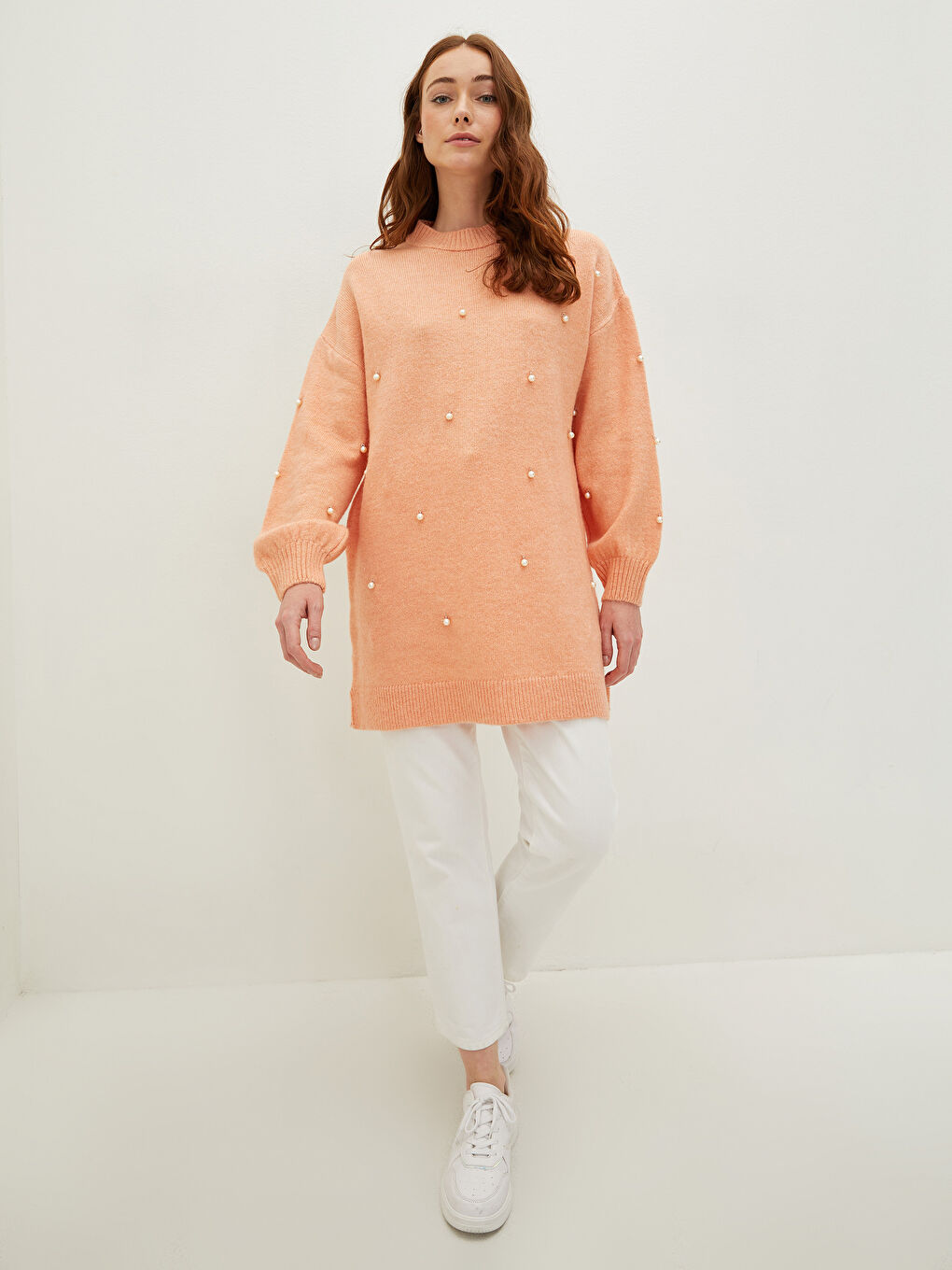 Pembe Bisiklet Yaka İnci Detaylı Uzun Kollu Kadın Triko Tunik-2