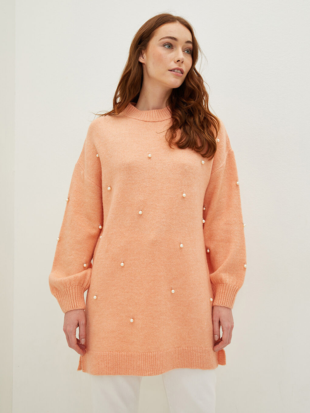 Pembe Bisiklet Yaka İnci Detaylı Uzun Kollu Kadın Triko Tunik-3