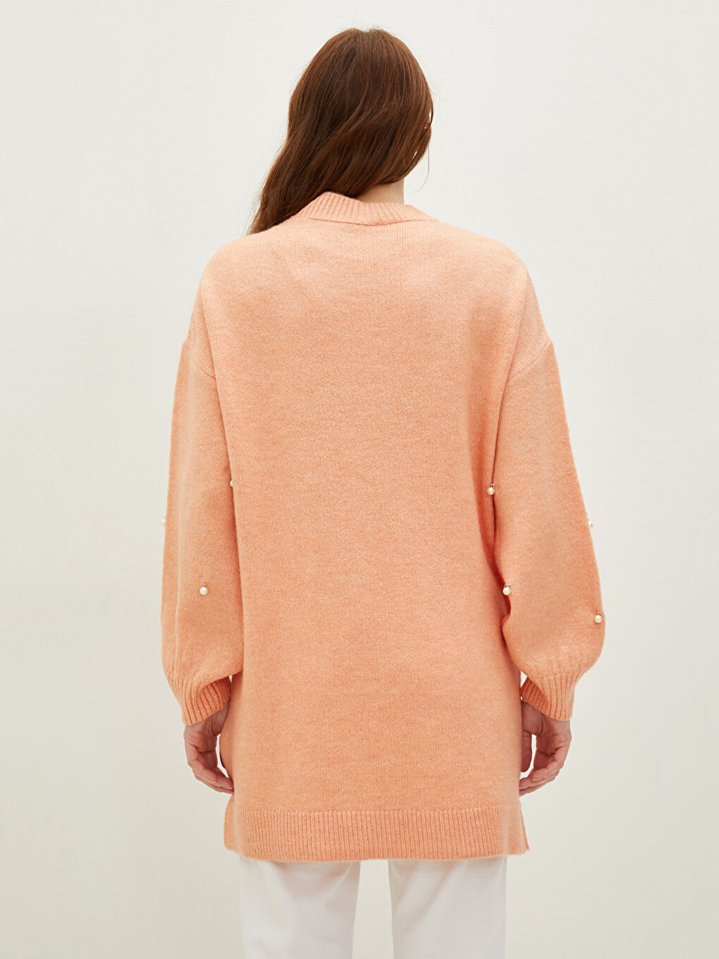 Pembe Bisiklet Yaka İnci Detaylı Uzun Kollu Kadın Triko Tunik-4