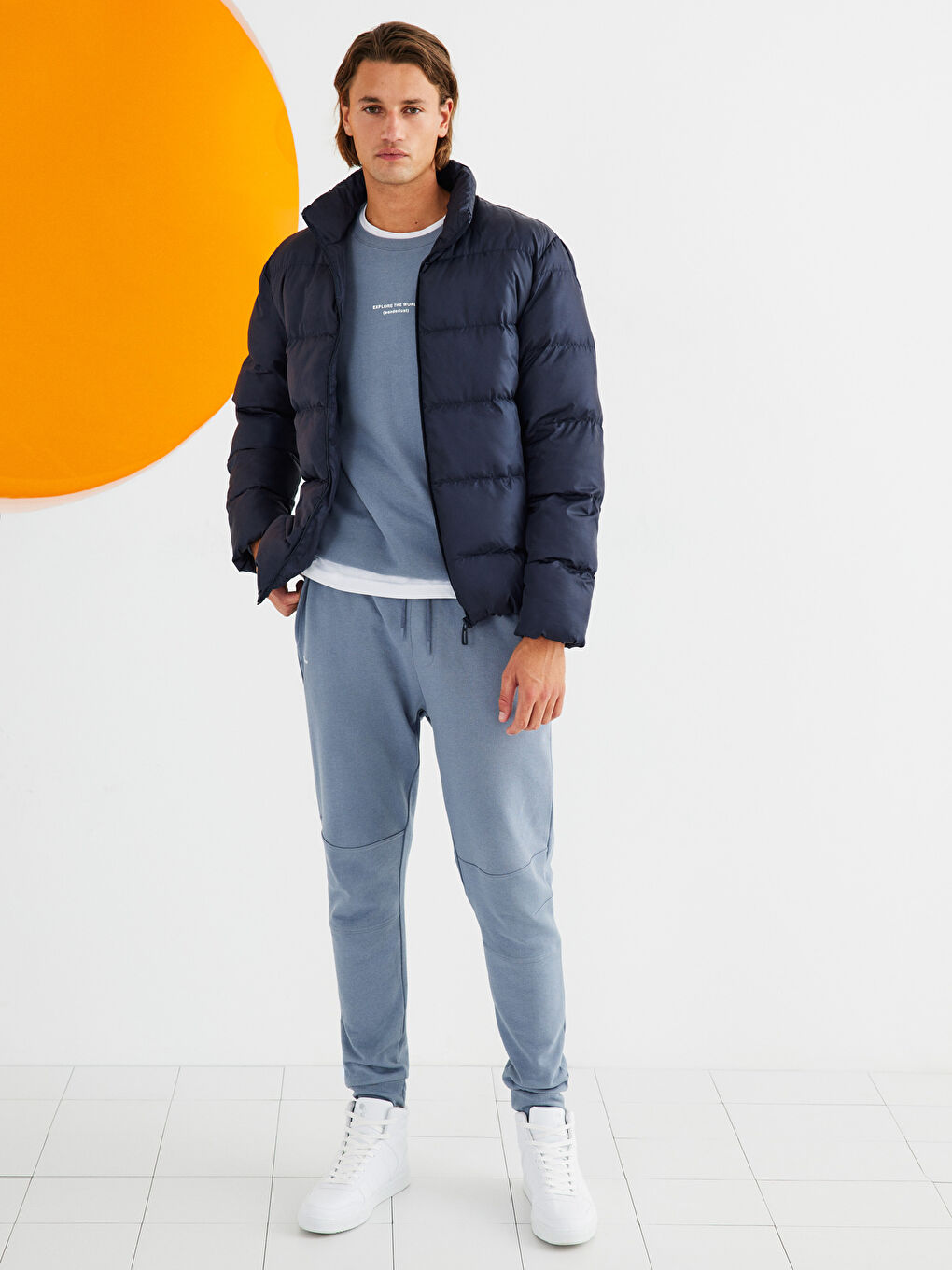 Antrasit Bisiklet Yaka Uzun Kollu Baskılı Erkek Sweatshirt-1