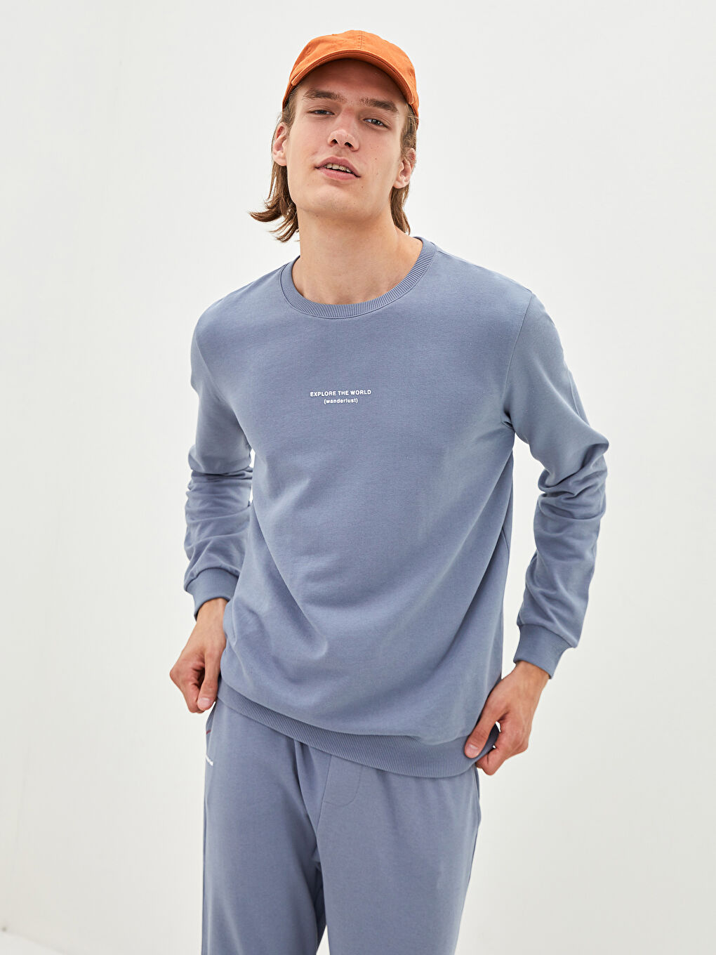 Antrasit Bisiklet Yaka Uzun Kollu Baskılı Erkek Sweatshirt-3