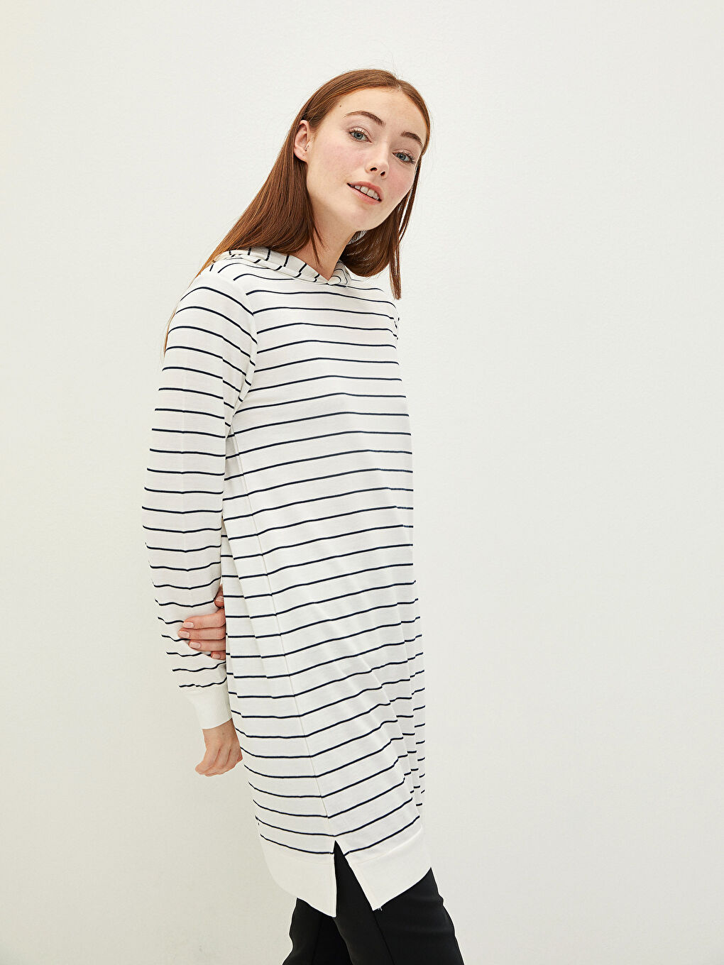 Hooded Striped Long Sleeve Women's Sweatshirt Tunic-1