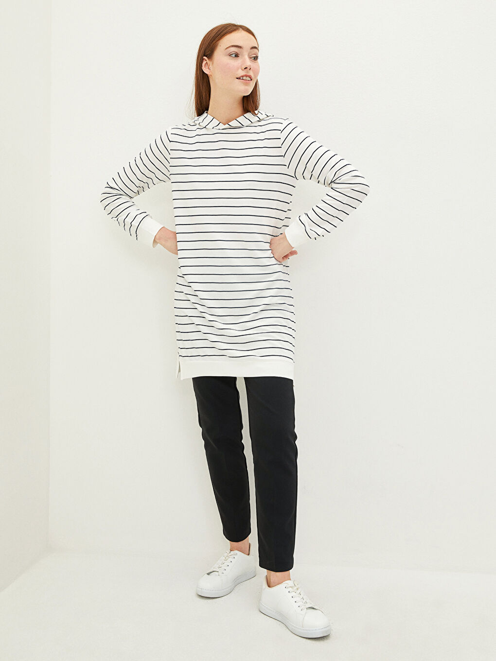 Hooded Striped Long Sleeve Women's Sweatshirt Tunic-4