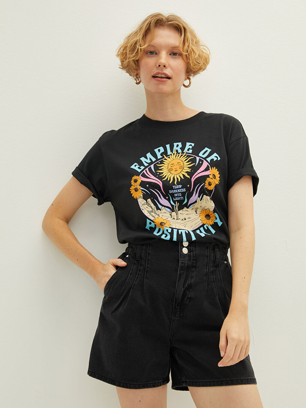 Футболка с круглым вырезом, с принтом, с коротким рукавом, из хлопка, для женщин-1