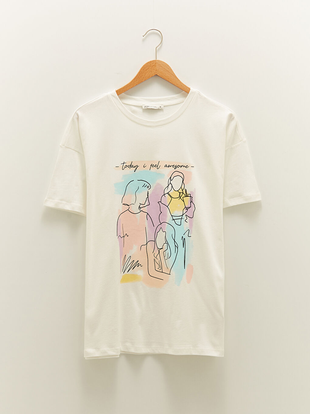 Ekru Bisiklet Yaka Baskılı Kısa Kollu Pamuklu Kadın Tişört-5