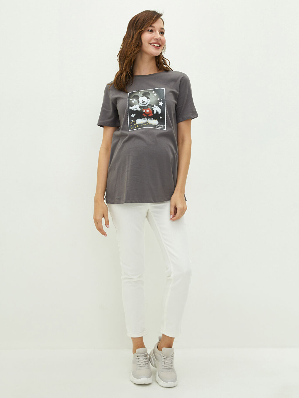 Crew Neck Mickey Mouse Printed Short Sleeve A Cut Cotton Women's T-Shirt-1