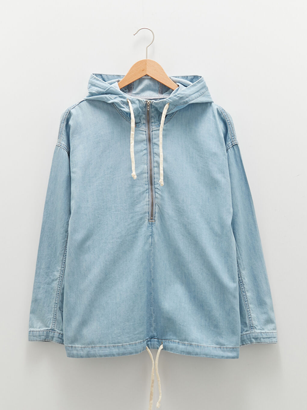 İndigo Kapüşon Yaka Düz Uzun Kollu Kadın Jean Ceket-5