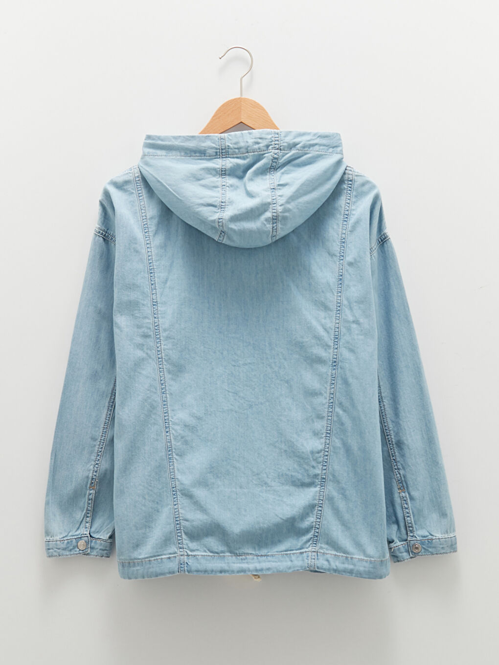 İndigo Kapüşon Yaka Düz Uzun Kollu Kadın Jean Ceket-6