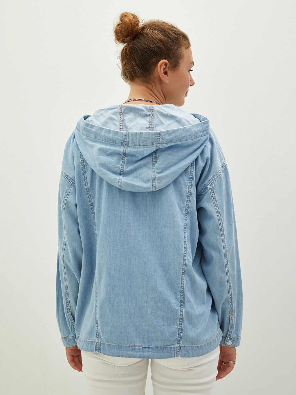 İndigo Kapüşon Yaka Düz Uzun Kollu Kadın Jean Ceket-4