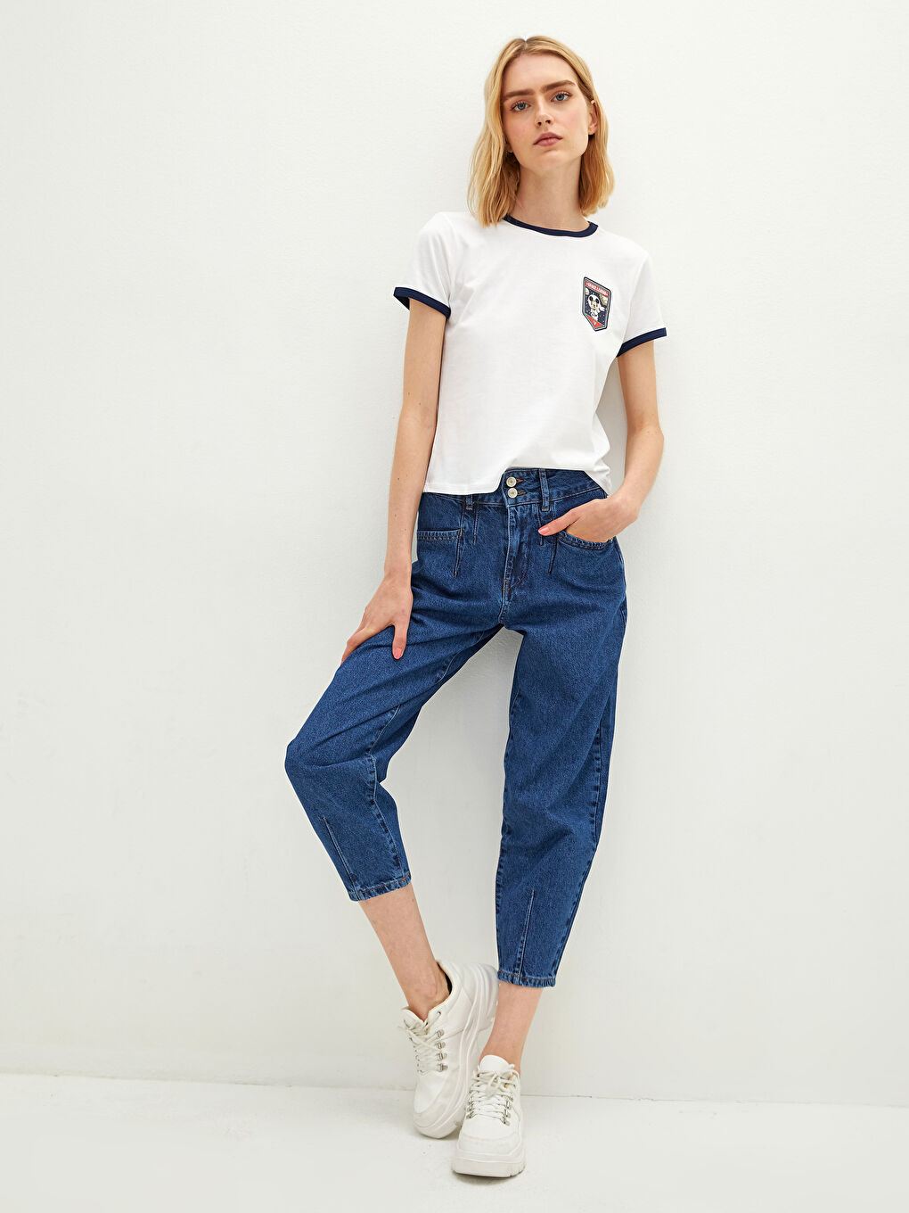 İndigo Yüksel Bel Bol Fit Cep Detaylı Kadın Rodeo Jean Pantolon-1