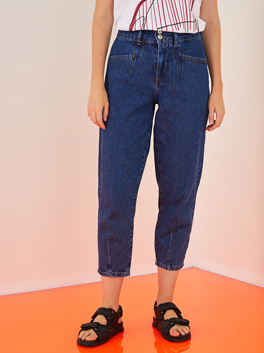 İndigo Yüksel Bel Bol Fit Cep Detaylı Kadın Rodeo Jean Pantolon-6