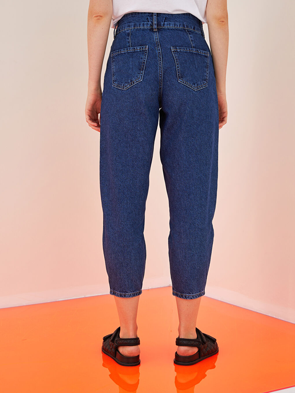 İndigo Yüksel Bel Bol Fit Cep Detaylı Kadın Rodeo Jean Pantolon-8