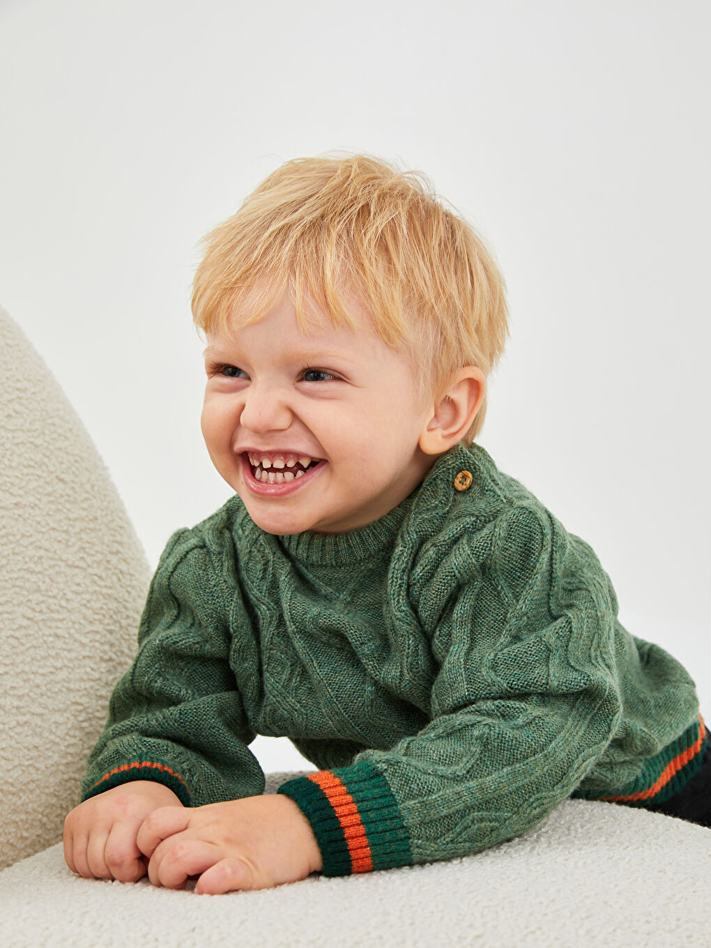 Yeşil Bisiklet Yaka Kendinden Desenli Erkek Bebek Triko Kazak-2