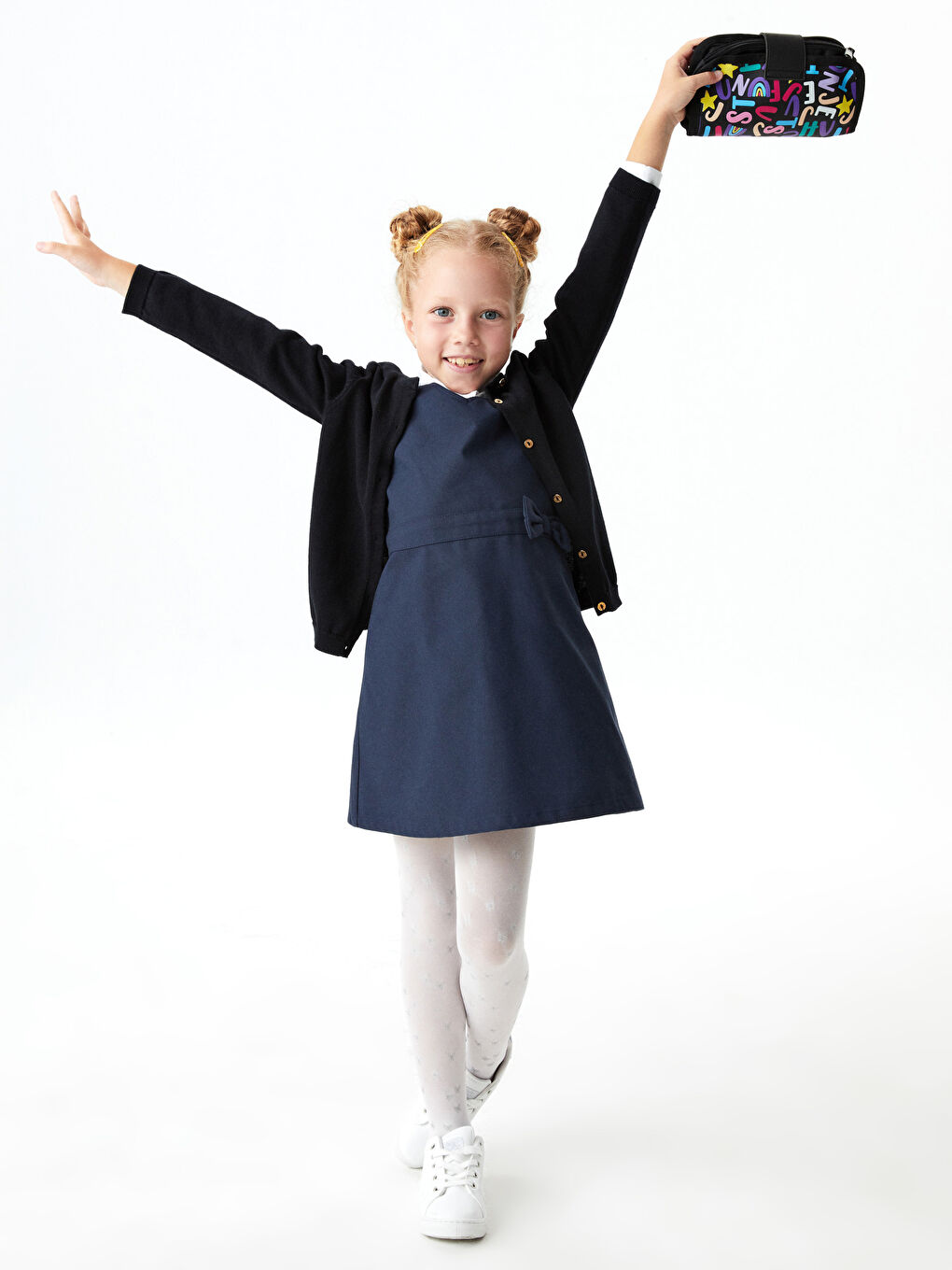 LCW Kids V Neck Basic Bow Detailed Gabardine Girl Dress -W1BT21Z4-HRC