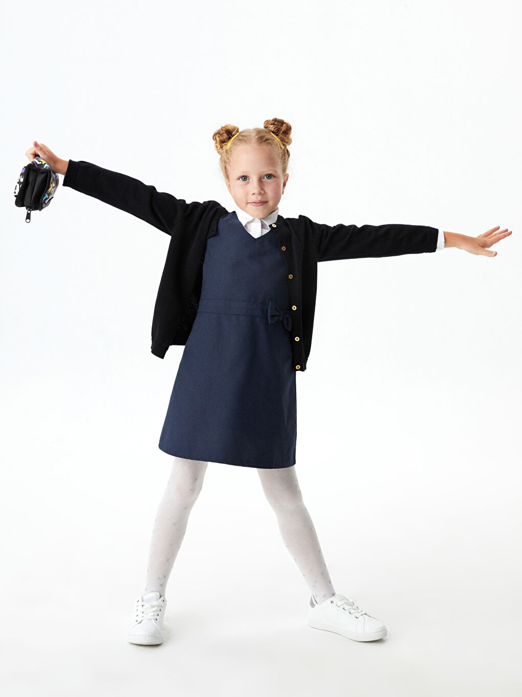 LCW Kids V Neck Basic Bow Detailed Gabardine Girl Dress -W1BT21Z4-HRC