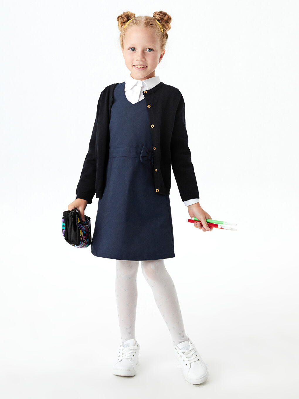 LCW Kids V Neck Basic Bow Detailed Gabardine Girl Dress -W1BT21Z4-HRC