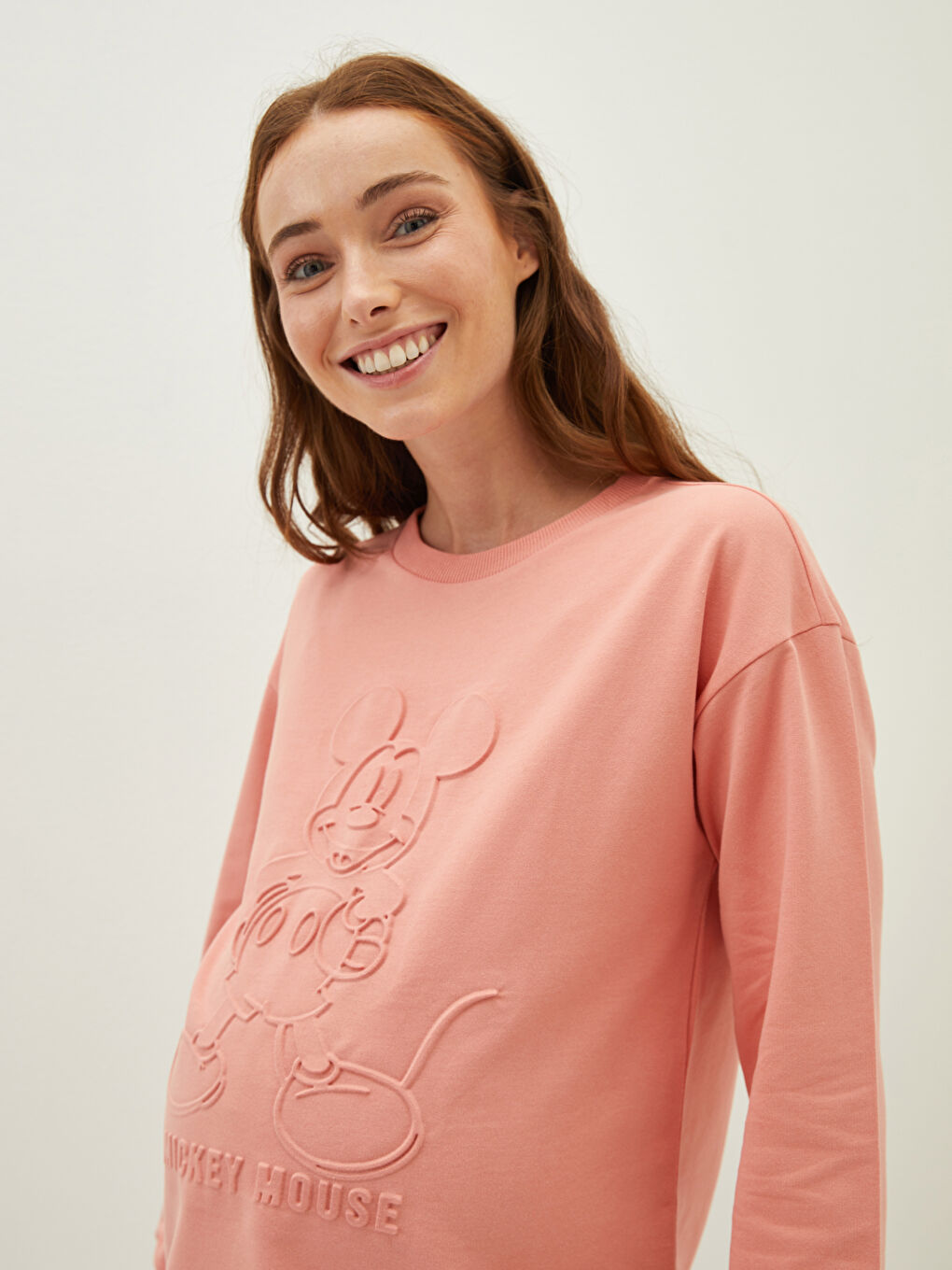 Mercan Bisiklet Yaka Mickey Mouse Baskılı Uzun Kollu Hamile Sweatshirt-3