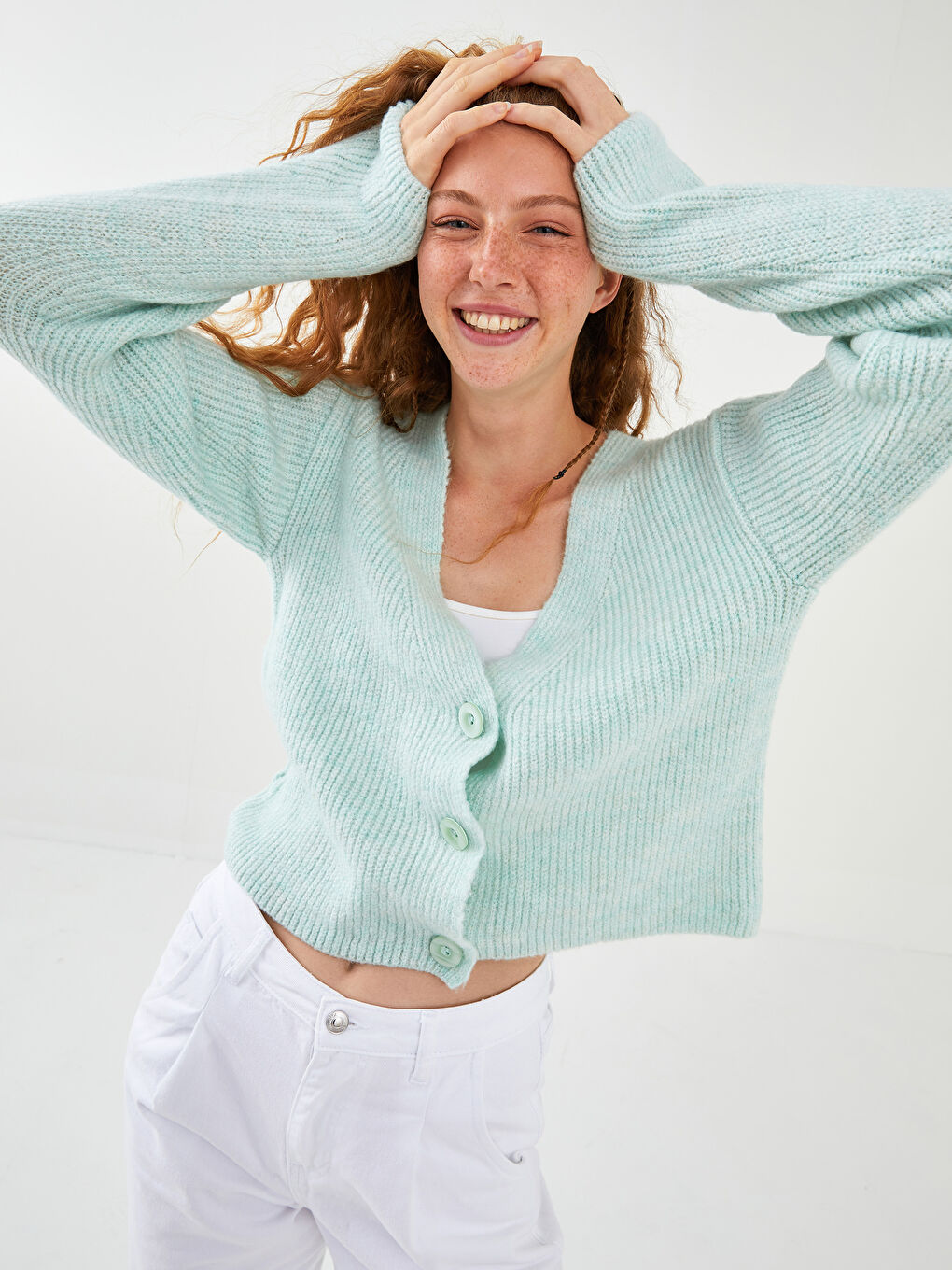 Turkuaz V Yaka Kadın Triko Hırka-5