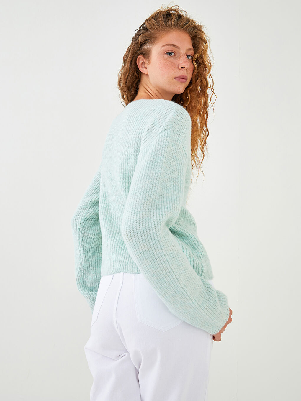 Turkuaz V Yaka Kadın Triko Hırka-11