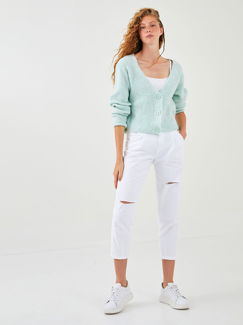 Turkuaz V Yaka Kadın Triko Hırka-3