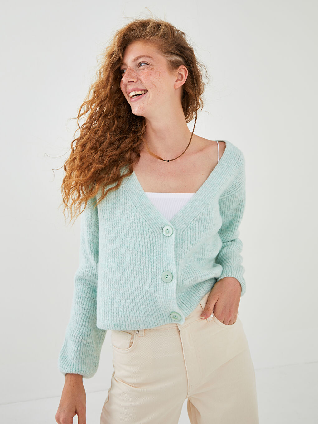 Turkuaz V Yaka Kadın Triko Hırka-4