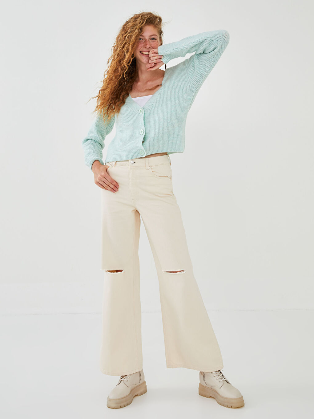 Turkuaz V Yaka Kadın Triko Hırka-6