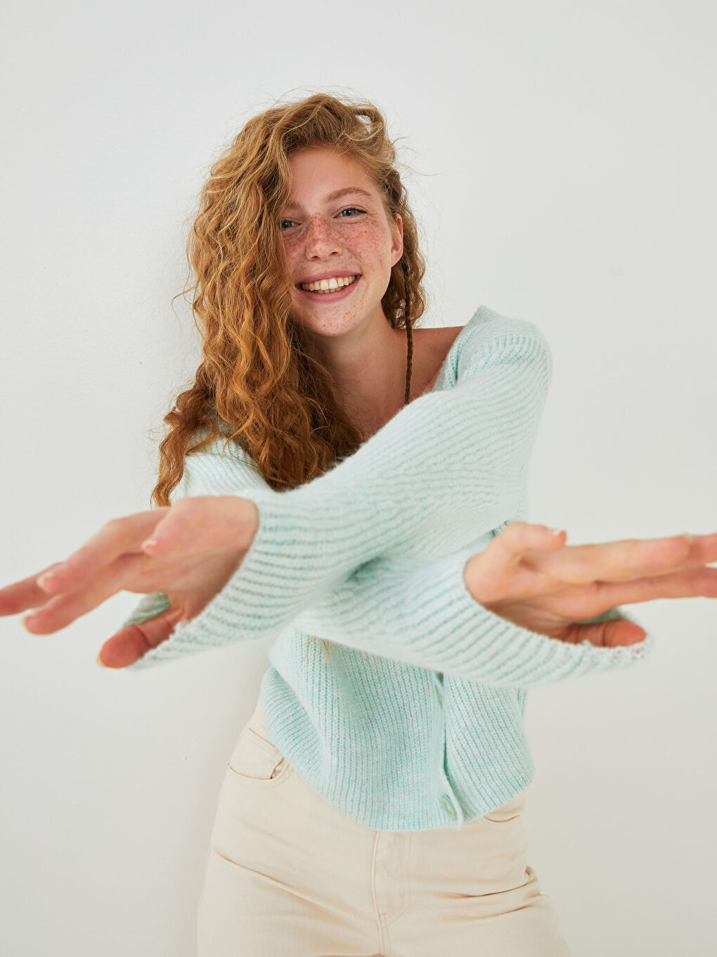 Turkuaz V Yaka Kadın Triko Hırka-8