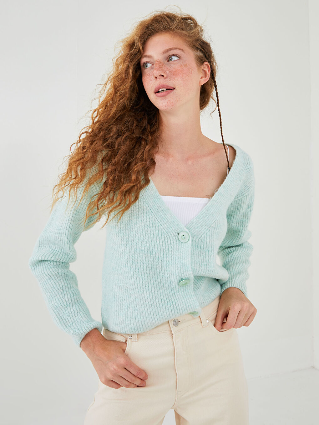 Turkuaz V Yaka Kadın Triko Hırka-2