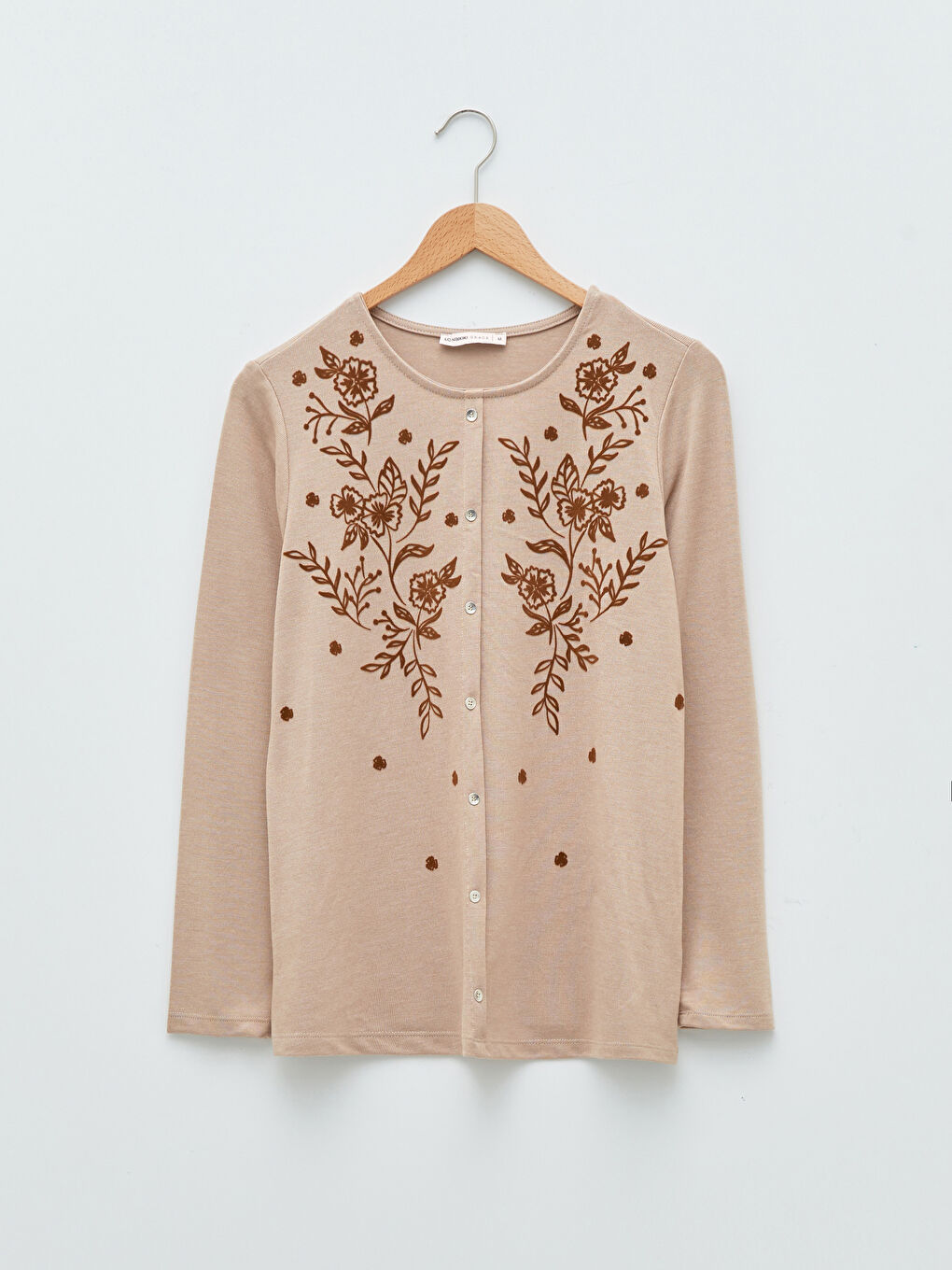 Bej Bisiklet Yaka Nakışlı Uzun Kollu Kadın Bluz-5