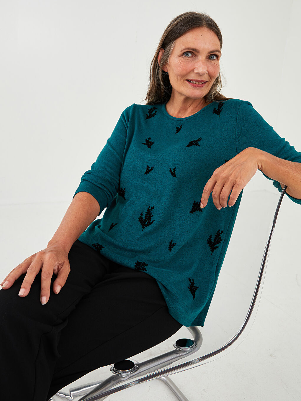 Petrol Bisiklet Yaka Desenli Uzun Kollu Kadın Tişört-1