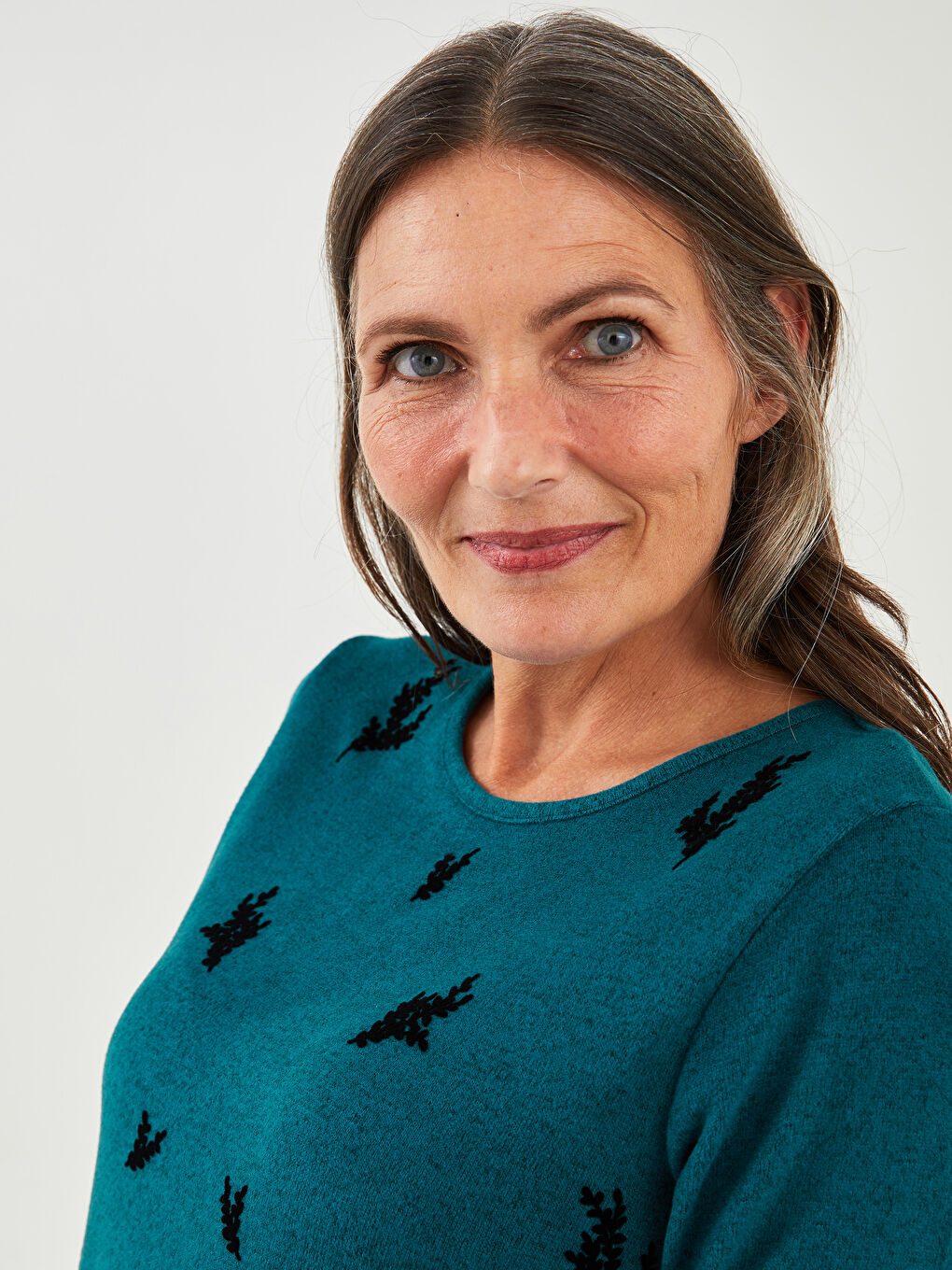 Petrol Bisiklet Yaka Desenli Uzun Kollu Kadın Tişört-2