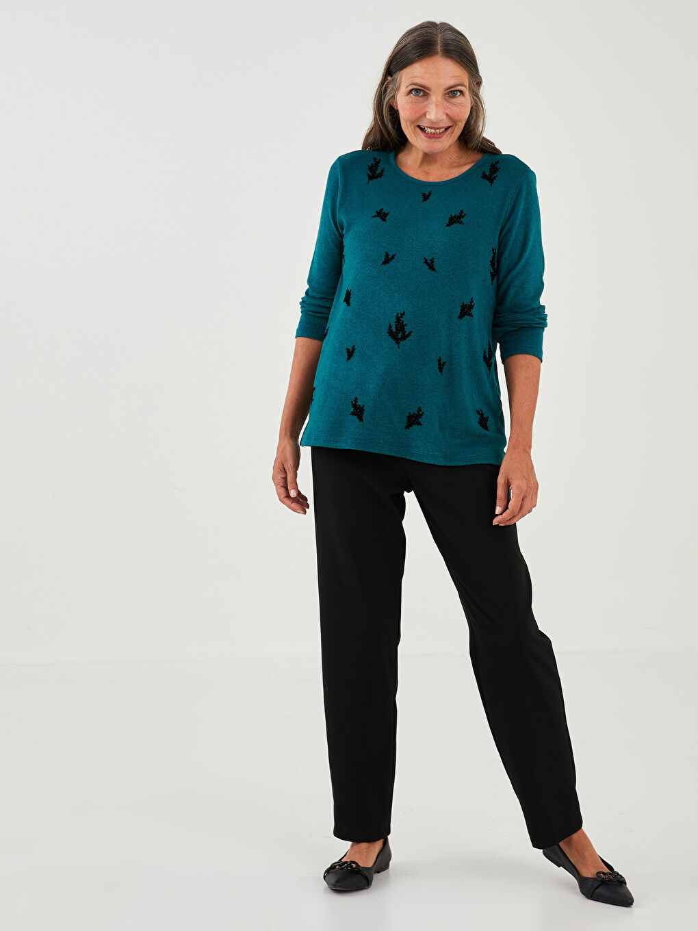 Petrol Bisiklet Yaka Desenli Uzun Kollu Kadın Tişört-3