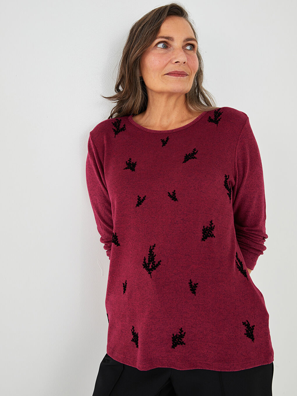 Mürdüm Bisiklet Yaka Desenli Uzun Kollu Kadın Tişört-1