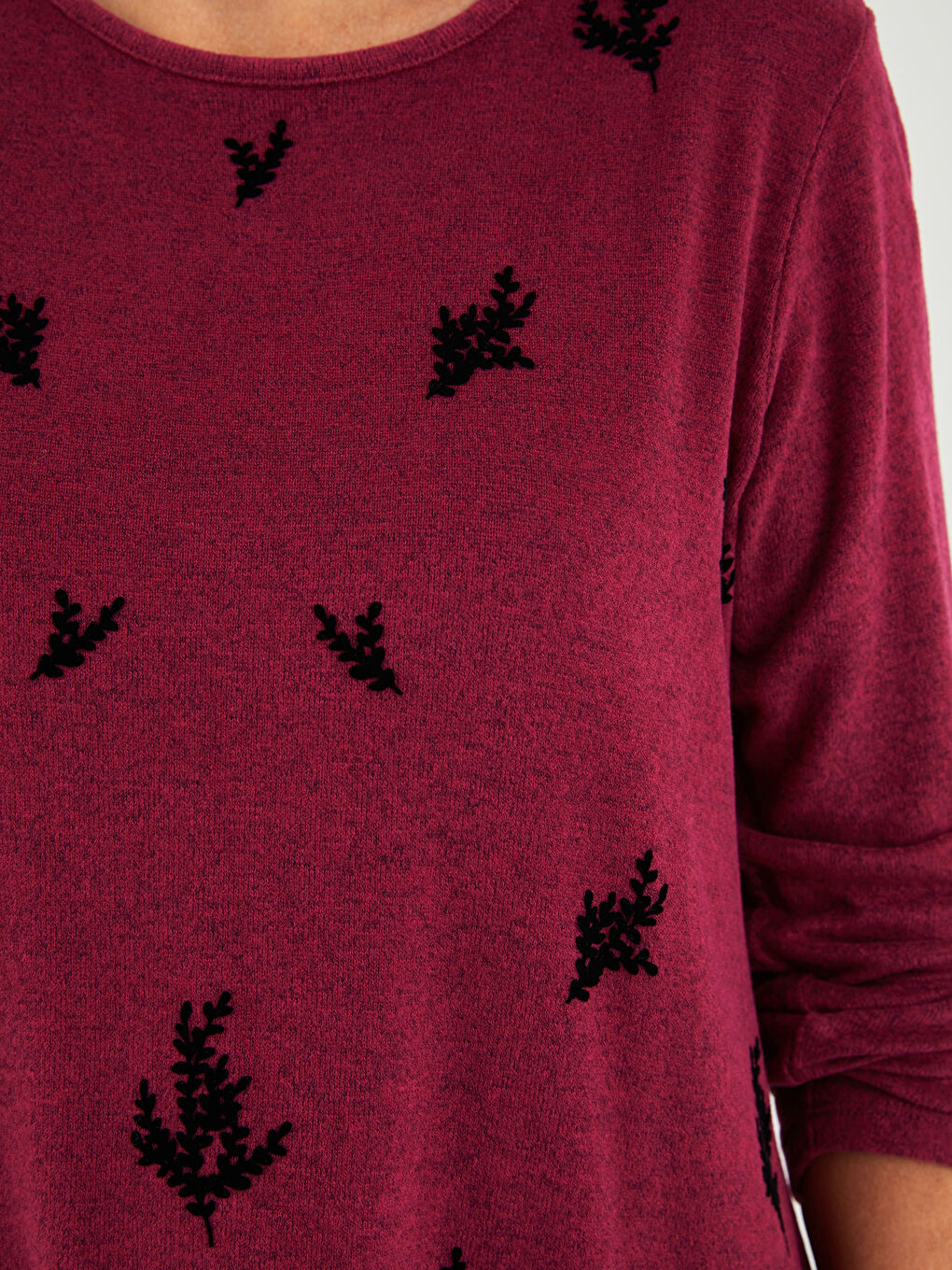 Mürdüm Bisiklet Yaka Desenli Uzun Kollu Kadın Tişört-2