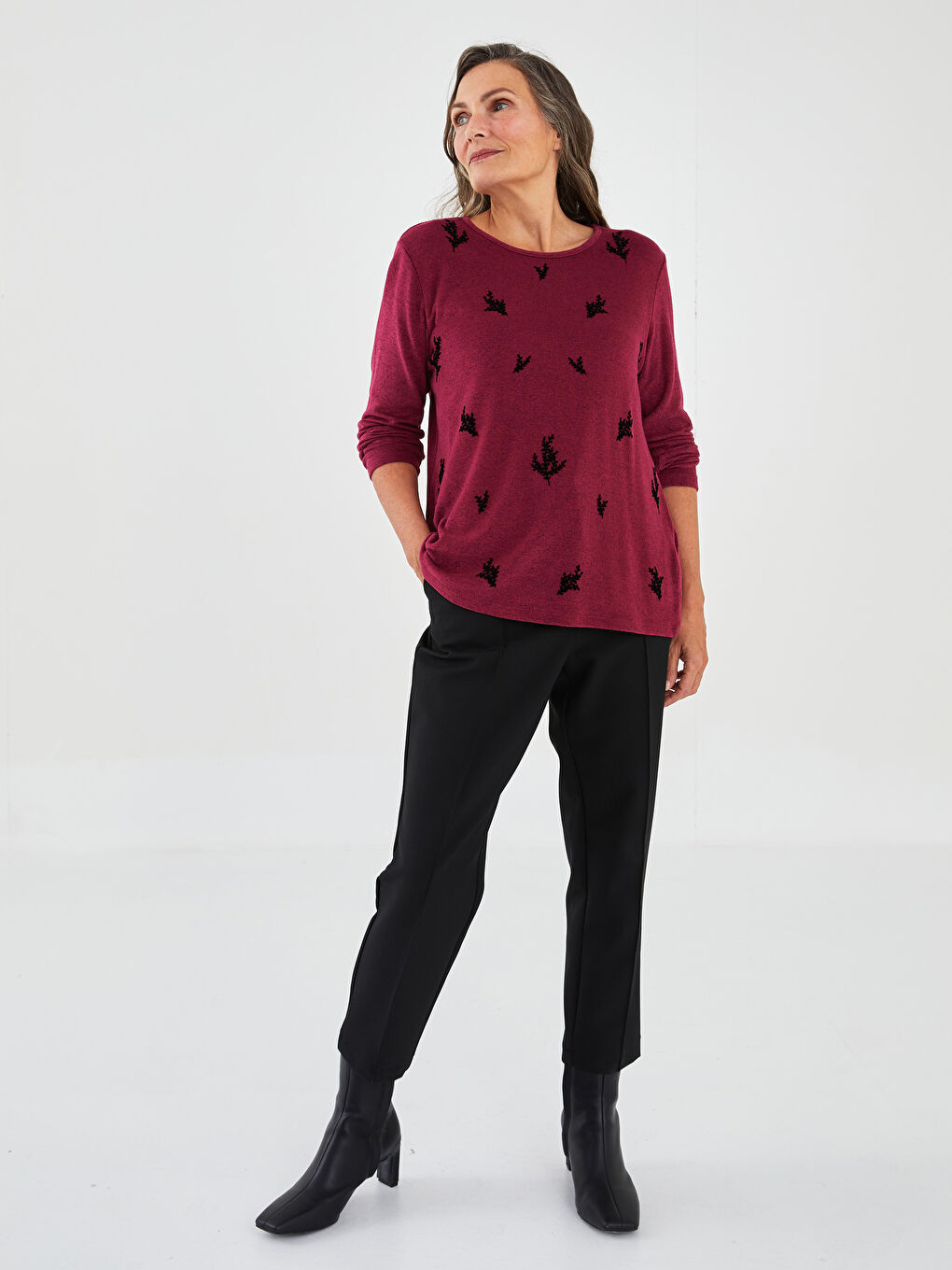 Mürdüm Bisiklet Yaka Desenli Uzun Kollu Kadın Tişört-3