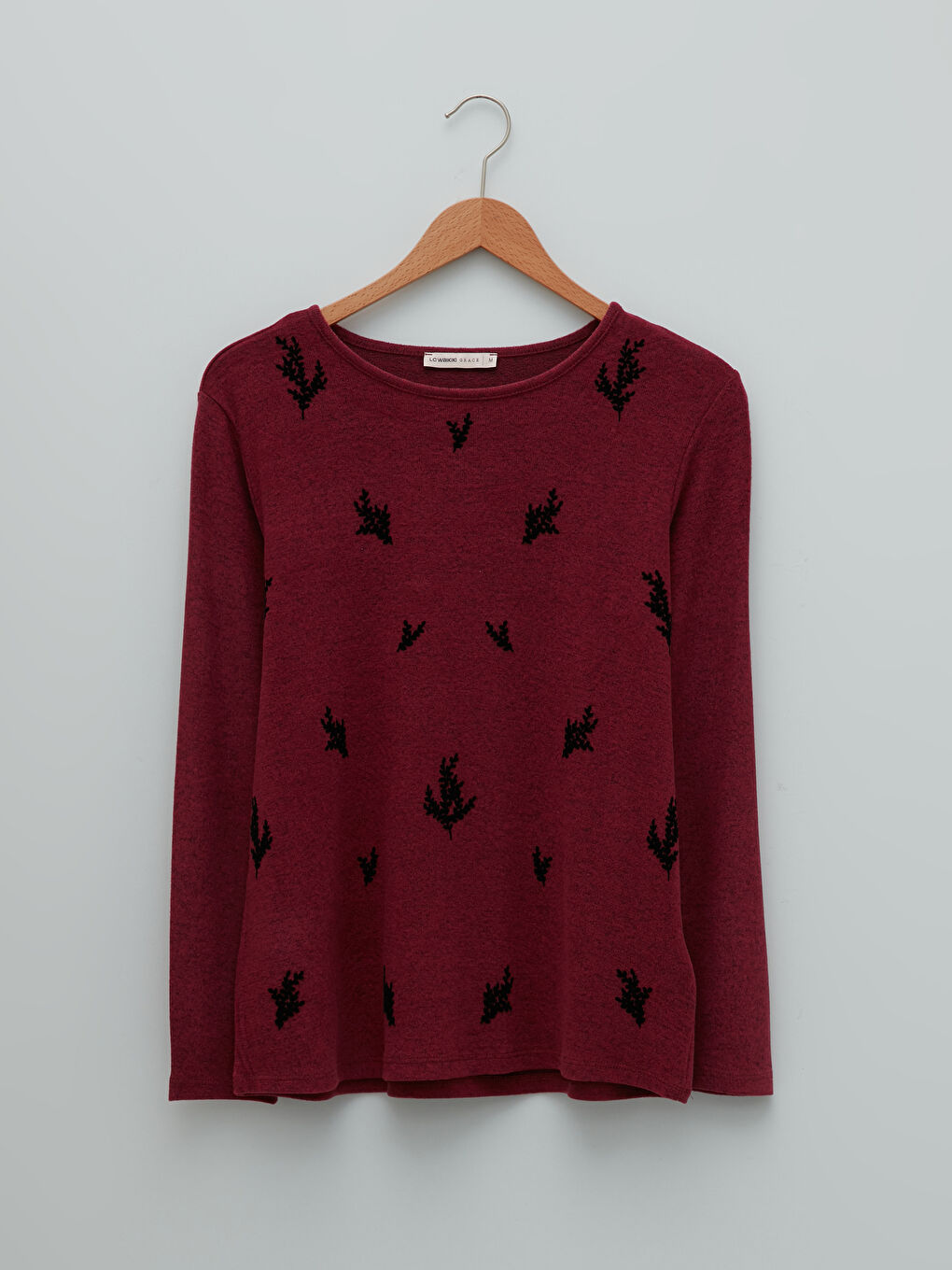 Mürdüm Bisiklet Yaka Desenli Uzun Kollu Kadın Tişört-5