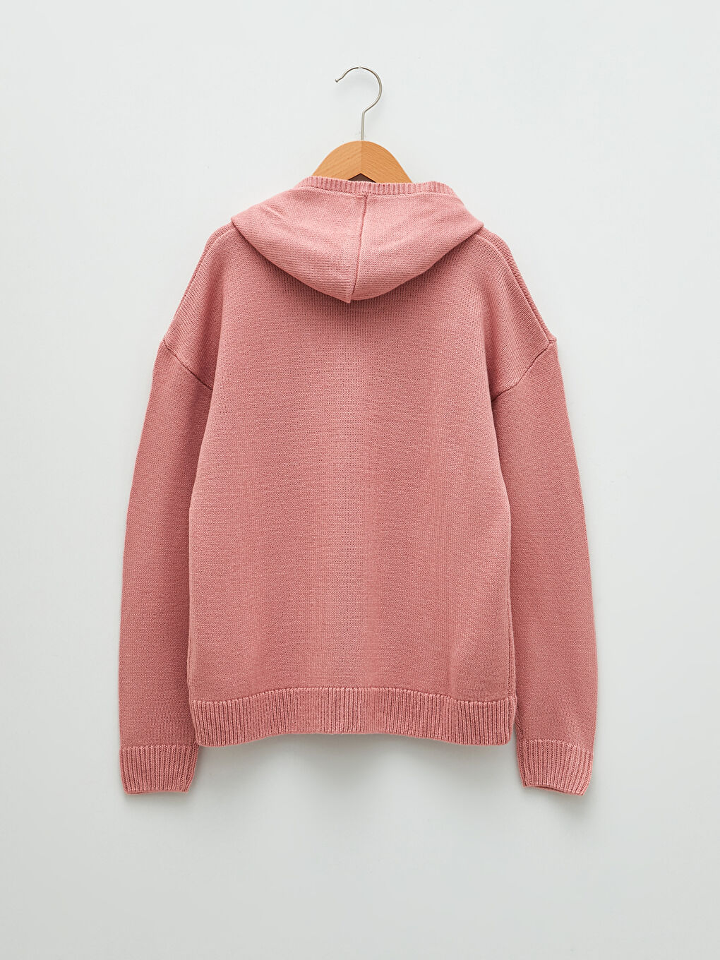 Pembe Kapüşonlu Basic Uzun Kollu Kız Çocuk Triko Kazak-1