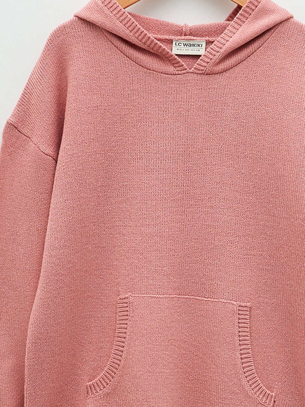 Pembe Kapüşonlu Basic Uzun Kollu Kız Çocuk Triko Kazak-2