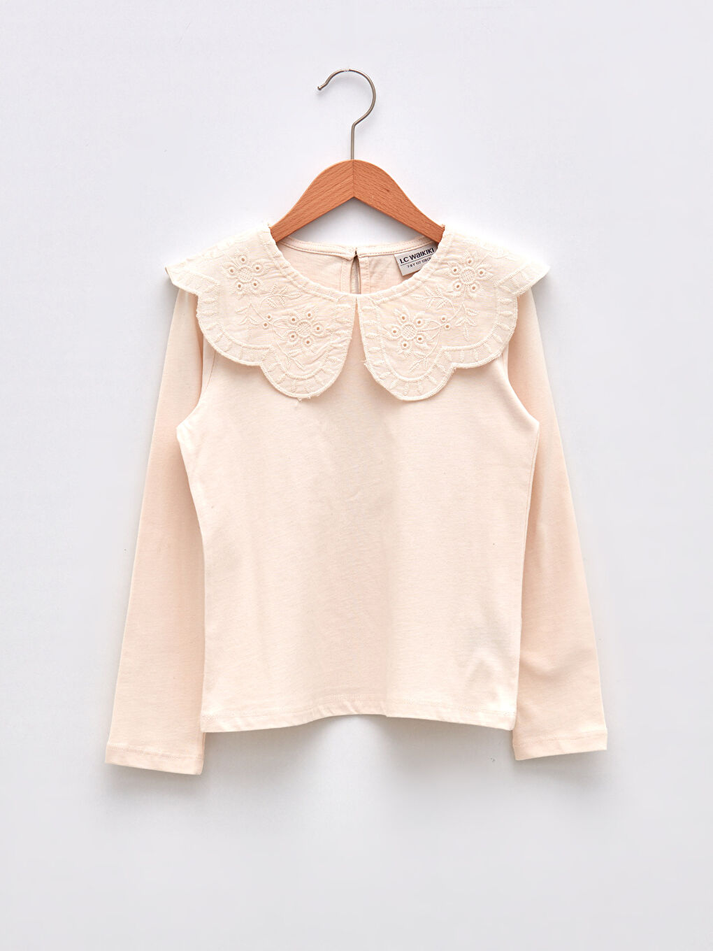 Ekru Bebe Yaka Basic Uzun Kollu Kız Çocuk Tişört