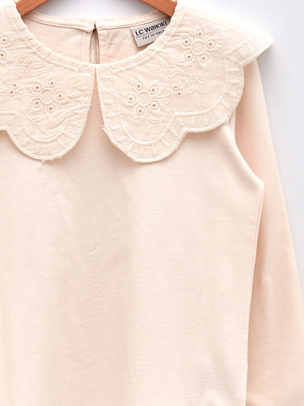 Ekru Bebe Yaka Basic Uzun Kollu Kız Çocuk Tişört-2