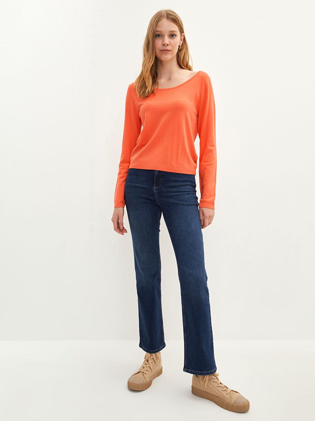 әйелдерге арналған қиғаш мойын өрнексіз ұзын жең трикотаж жемпір-2