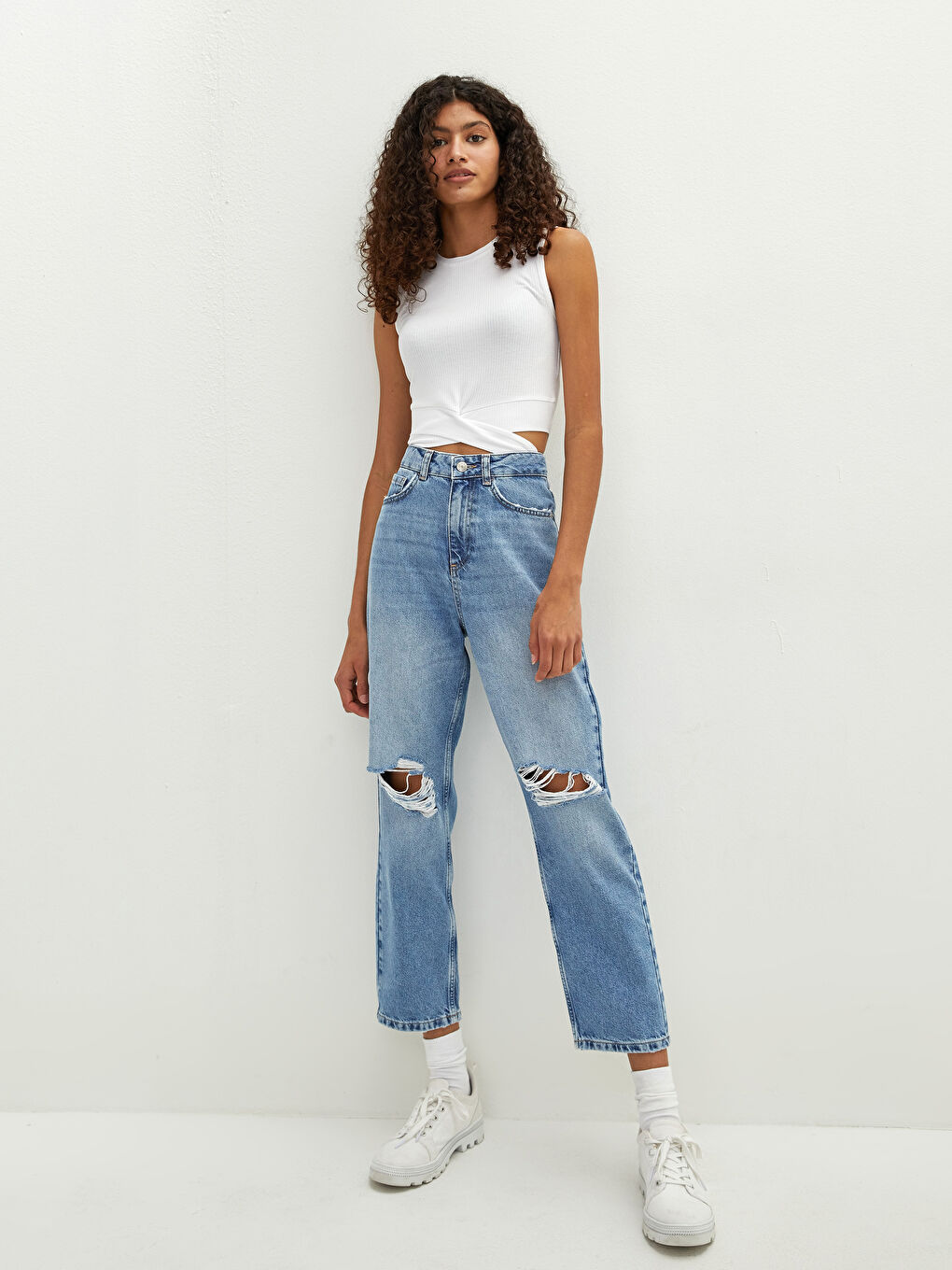 LCW Vision High Waist Straight Fit Pocket Ripped Detail Women's Rodeo Jeans -W1BV31Z8-507